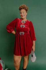 Bows And Kisses Velvet Mini Dress in Crimson Curves