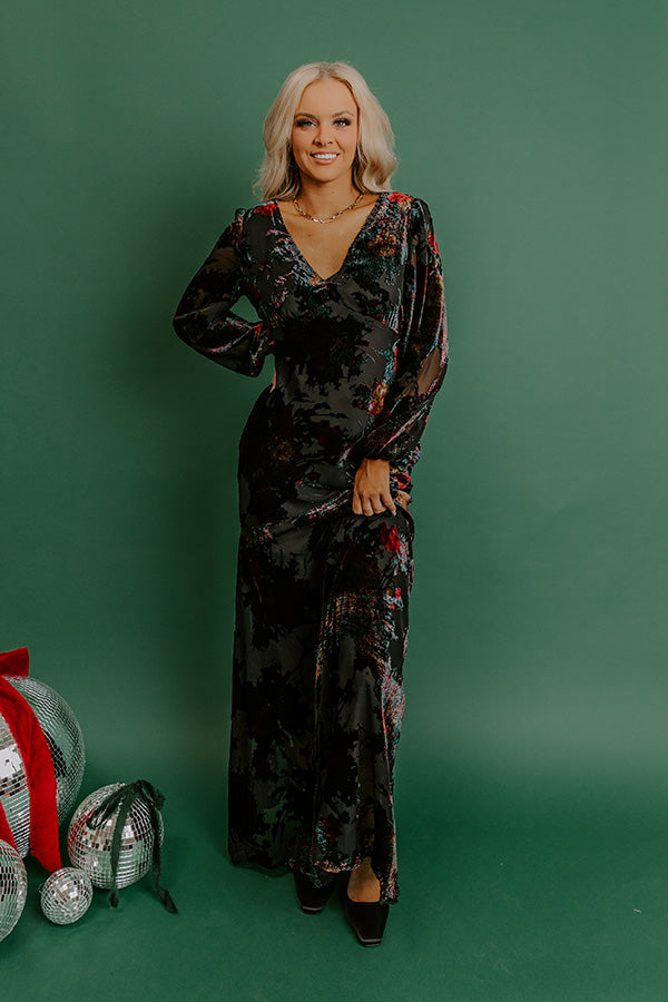 Poised Romance Floral Velvet Burnout Maxi Dress in Black