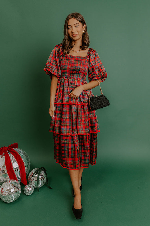 Plaid and Promises Satin Tiered Midi Dress