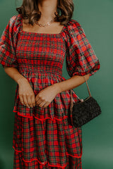 Plaid and Promises Satin Tiered Midi Dress