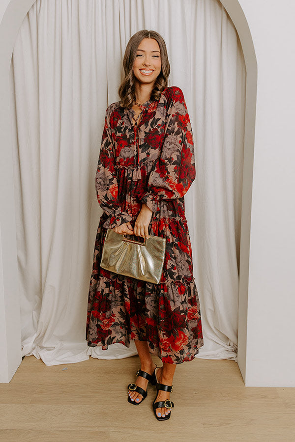 Oak Grove Tiered Floral Midi Dress in Mocha