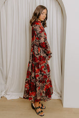 Oak Grove Tiered Floral Midi Dress in Mocha