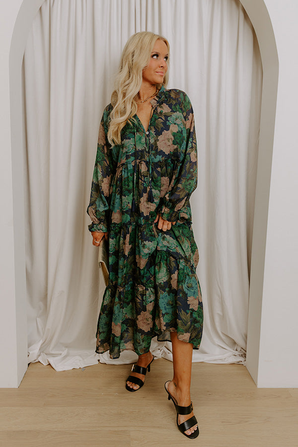 Oak Grove Tiered Floral Midi Dress in Navy