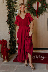 Storybook Charm Smocked Satin Midi Dress in Wine