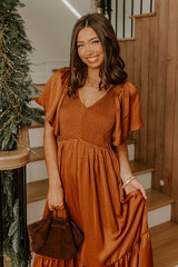 Storybook Charm Smocked Satin Midi Dress in Copper