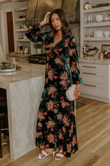 Poised Romance Floral Velvet Burnout Maxi Dress in Forest