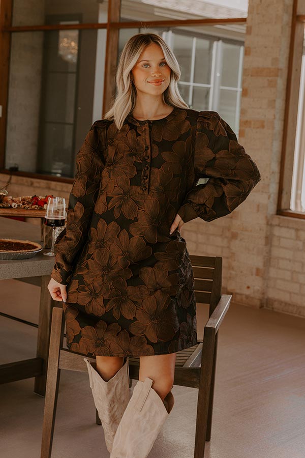 Timeless Treasures Floral Jacquard Mini Dress in Chocolate