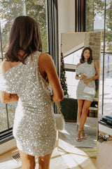 Uptown Allure Asymmetrical Sequin Mini Dress in Champagne