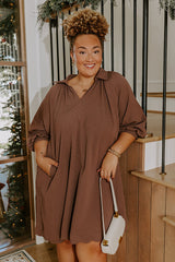 Dinner in Soho Scalloped Mini Dress in Mocha Curves