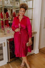 Evening Glow Pleated Satin Midi Dress in Wine Curves