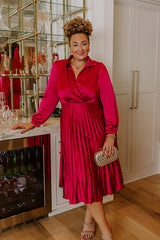 Evening Glow Pleated Satin Midi Dress in Wine Curves