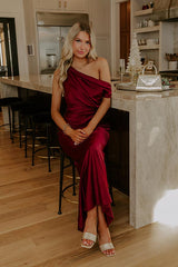 High Society Chic Satin One Shoulder Maxi Dress