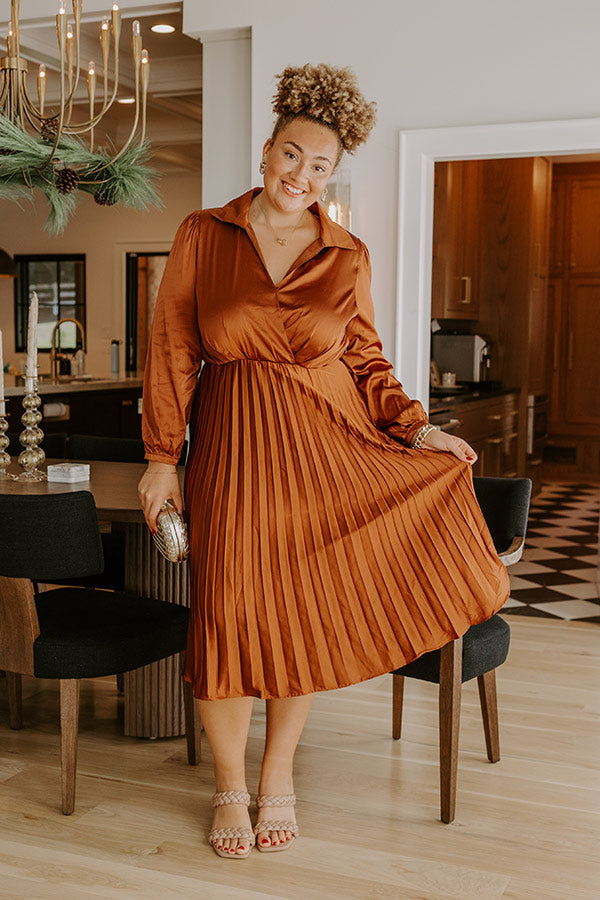 Evening Glow Pleated Satin Midi Dress in Cinnamon Curves