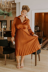 Evening Glow Pleated Satin Midi Dress in Cinnamon Curves