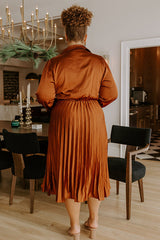 Evening Glow Pleated Satin Midi Dress in Cinnamon Curves