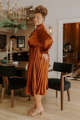 Evening Glow Pleated Satin Midi Dress in Cinnamon Curves