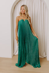 Moonlit Waltz Satin Pleated Maxi Dress in Emerald