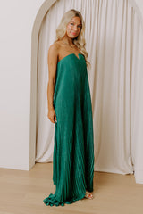 Moonlit Waltz Satin Pleated Maxi Dress in Emerald