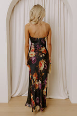 Midnight Noir Floral Satin Maxi Dress