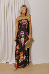 Midnight Noir Floral Satin Maxi Dress