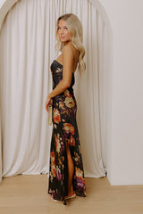 Midnight Noir Floral Satin Maxi Dress
