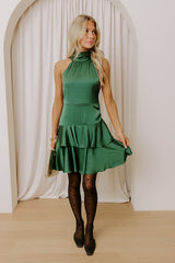City Noir Satin Tiered Mini Dress