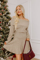 Downtown Stroll Off Shoulder Sweater Mini Dress in Light Mocha