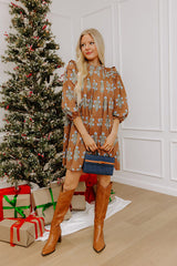 Floral Sonata Pleated Mini Dress in Mocha