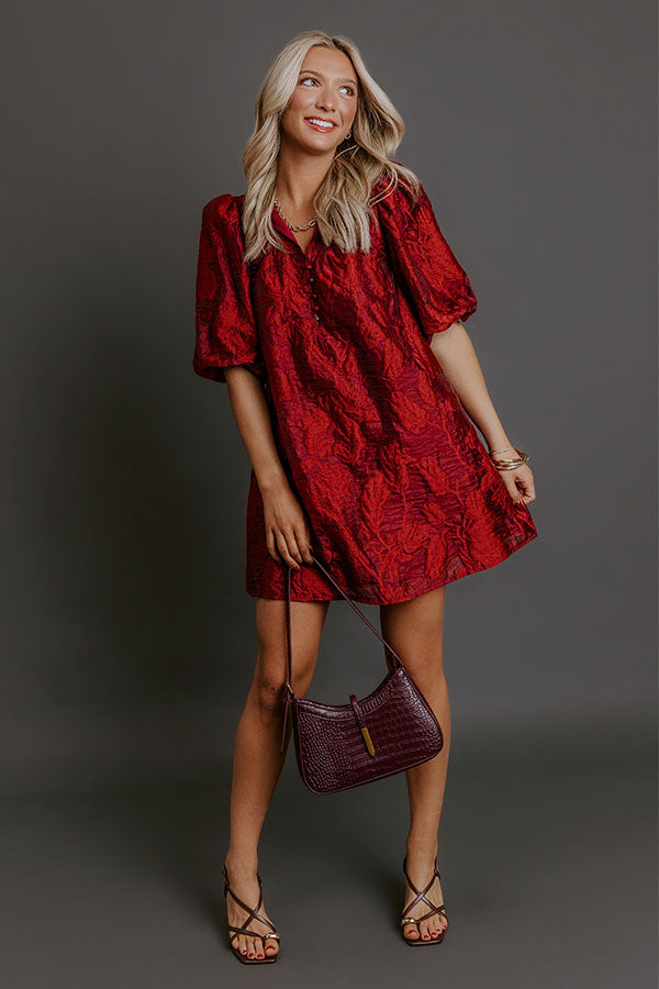 Holiday Happiness Floral Jacquard Mini Dress in Merlot