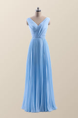 V Neck Blue Chiffon A-line Long Bridesmaid Dress