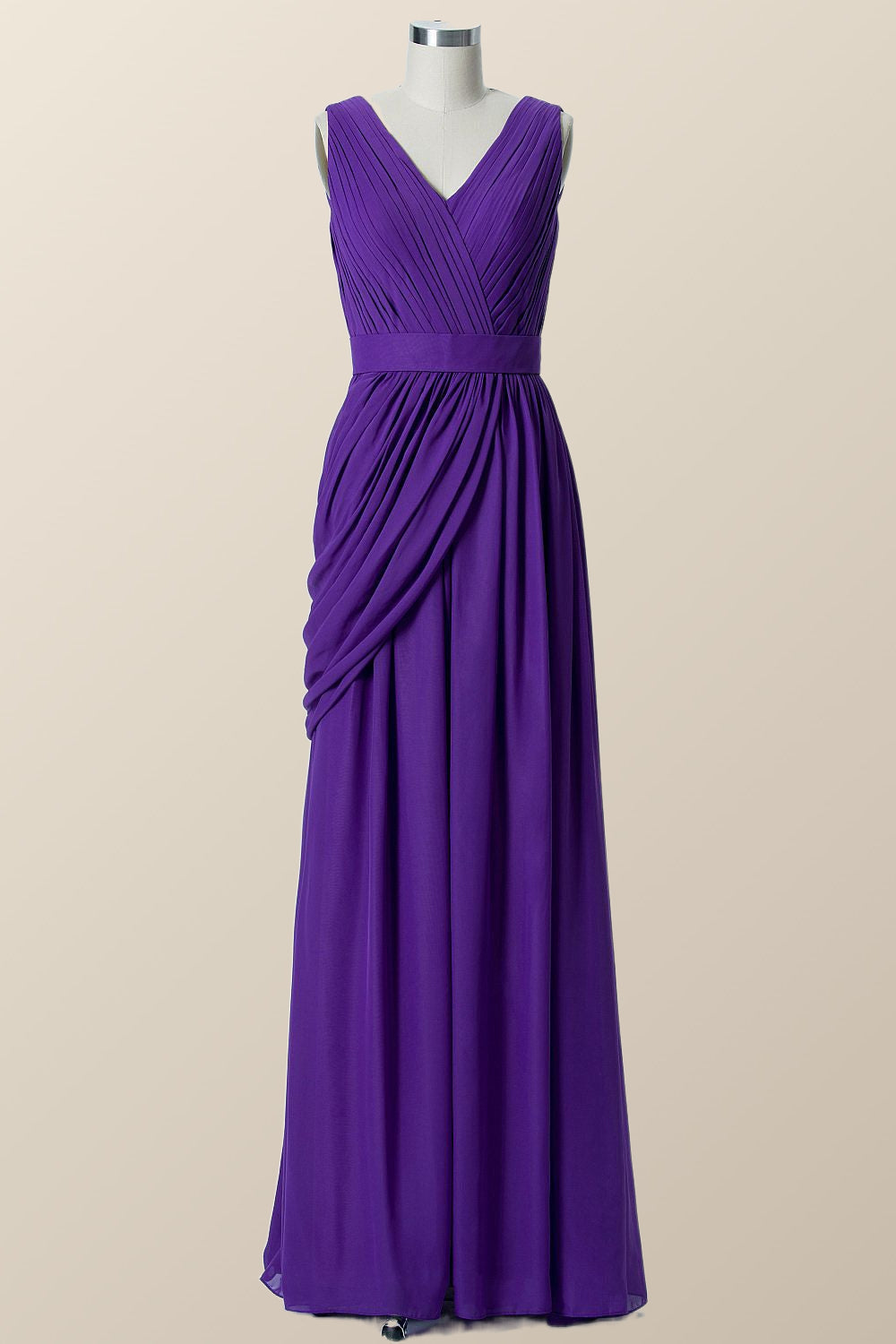 V Neck Purple Pleated Chiffon A-line Bridesmaid Dress