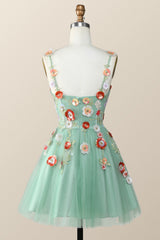 Straps Green Tulle A-line Flowers Homecoming Dress