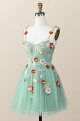 Straps Green Tulle A-line Flowers Homecoming Dress