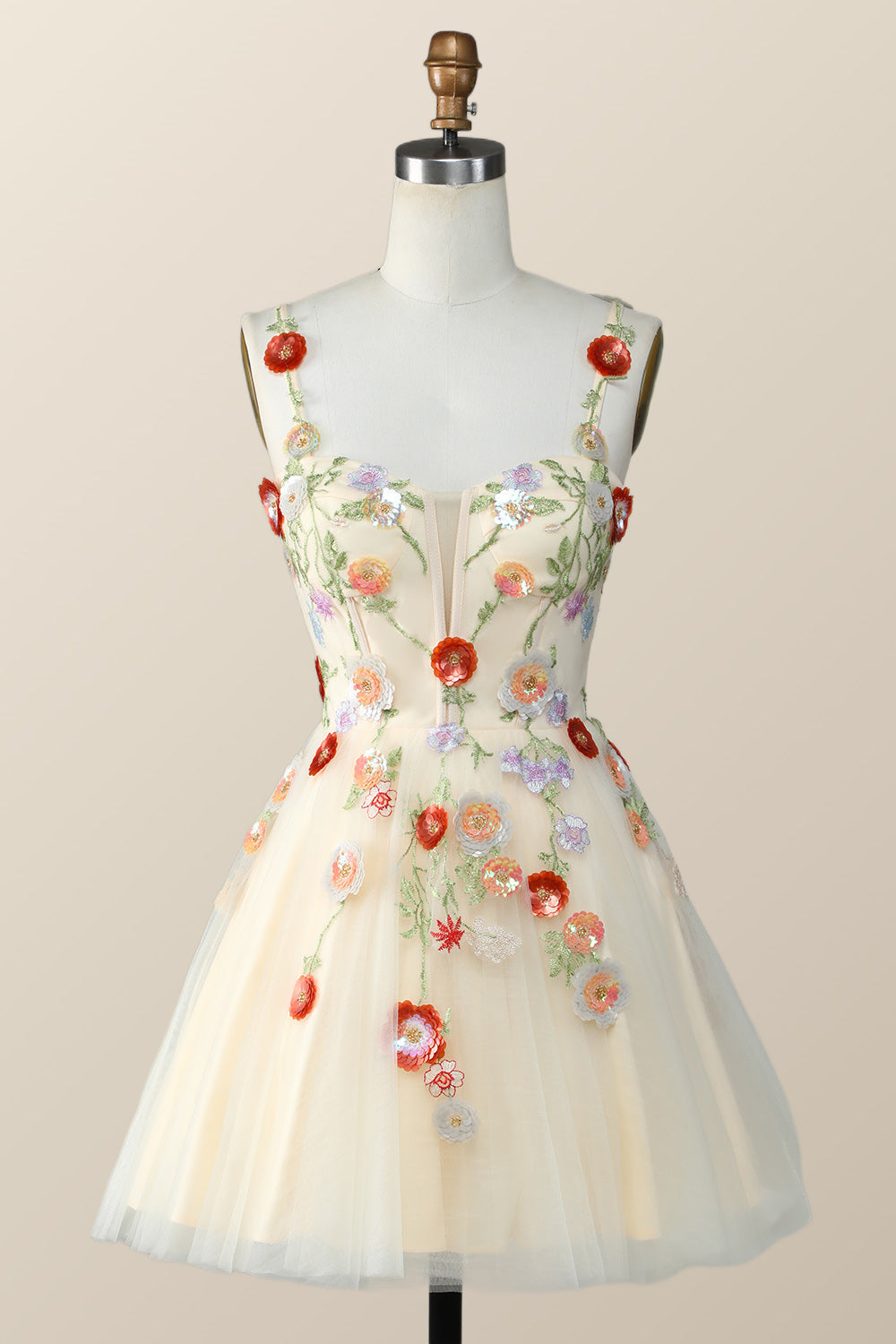 Straps Green Tulle A-line Flowers Homecoming Dress
