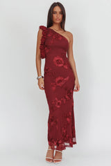 Deanna One-Shoulder Ruffle Maxi Dress Floral Texture Wine