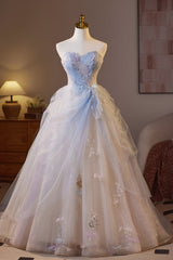 Sweetheart Champagne and Blue Tulle A-line Long Formal Gown