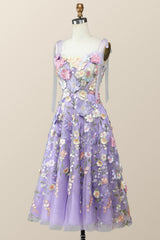 Straps Lavender 3D Flower Midi Dress