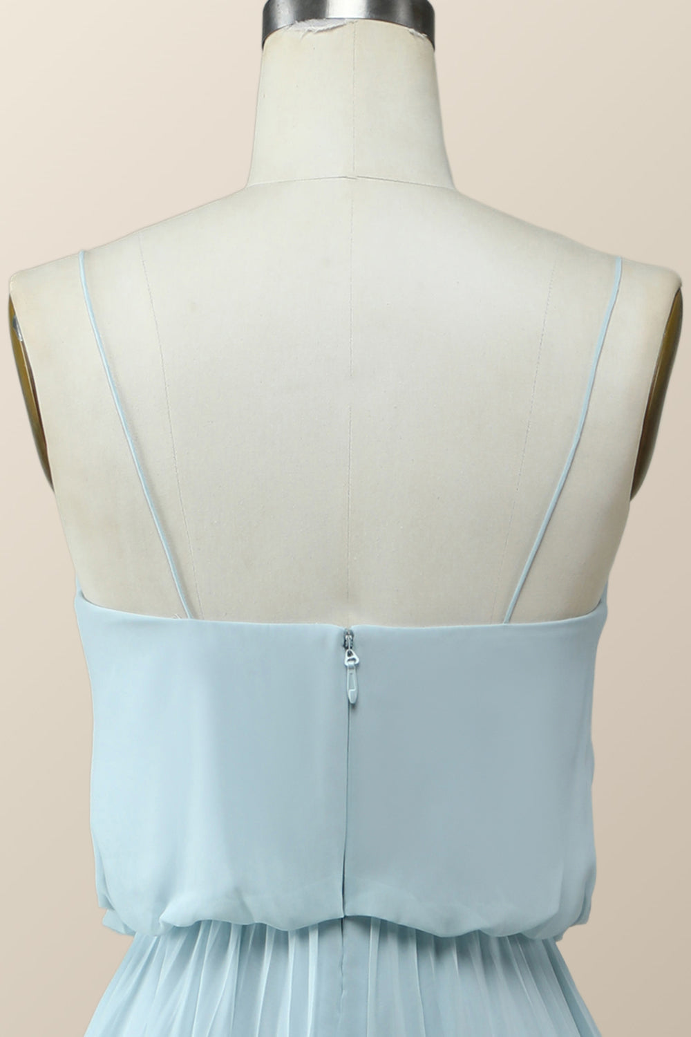 Straps Blue Pleated Full Length Dress