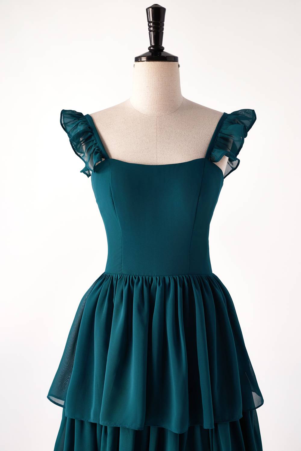 Straps Dark Blue Ruffle Long Bridesmaid Dress