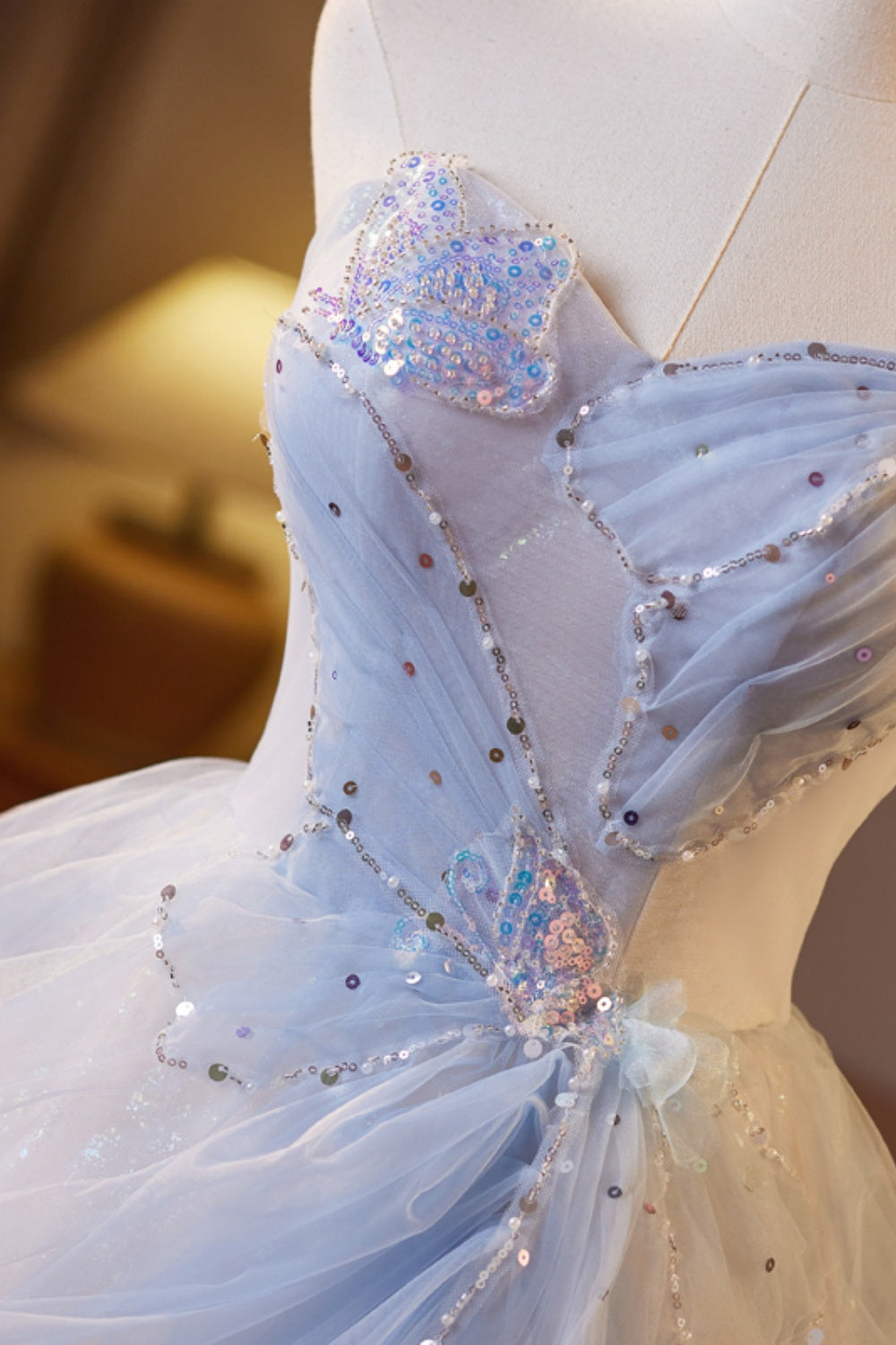 Sweetheart Champagne and Blue Tulle A-line Long Formal Gown
