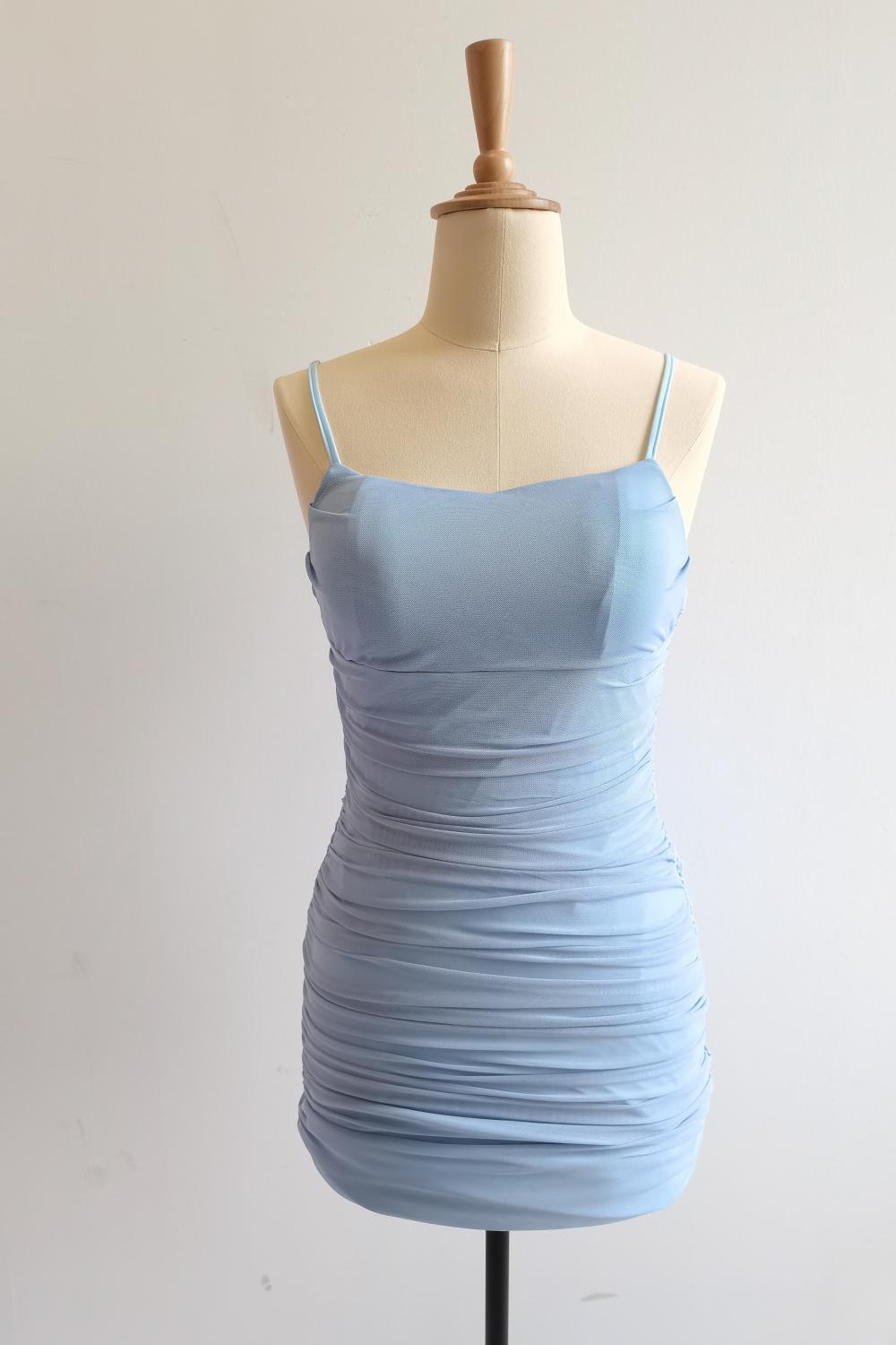 Straps Light Blue Ruched Tight Mini Dress