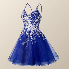 Straps Blue and White Floral Short Dress
