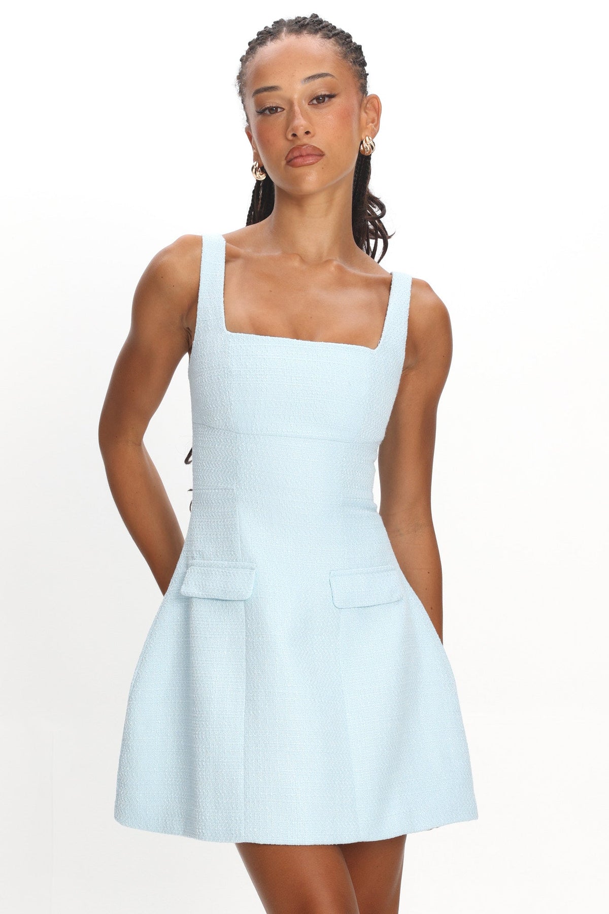 Melodic Faux Pocket Tweed Mini Dress Blue