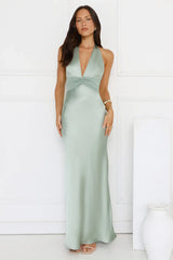 Spiced Sunset Satin Halter Maxi Dress Sage