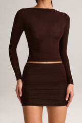 Modal Ruched Mid-Rise Mini Skirt in Chocolate Brown