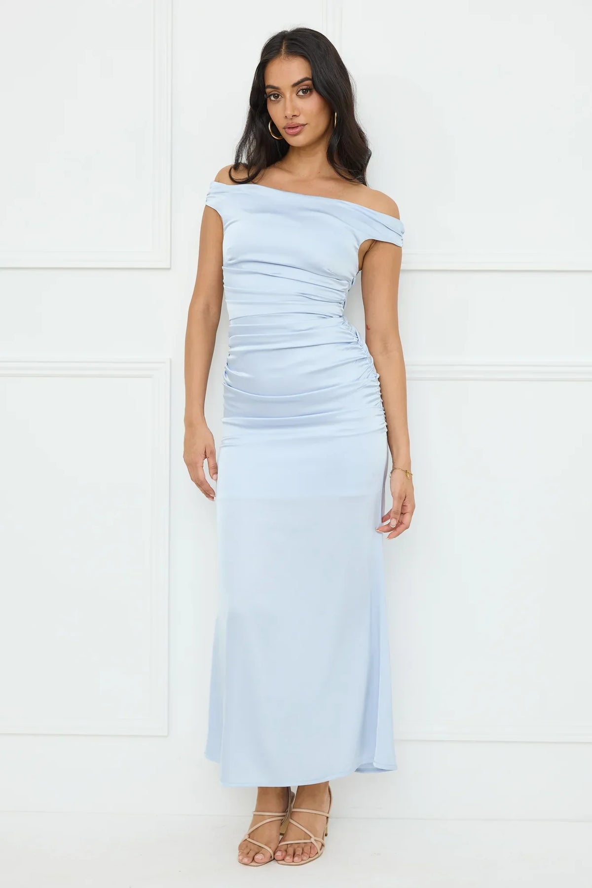 Polished Radiance Off Shoulder Satin Maxi Dress Blue