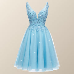 V Neck Blue Appliques Tulle A-line Short Dress