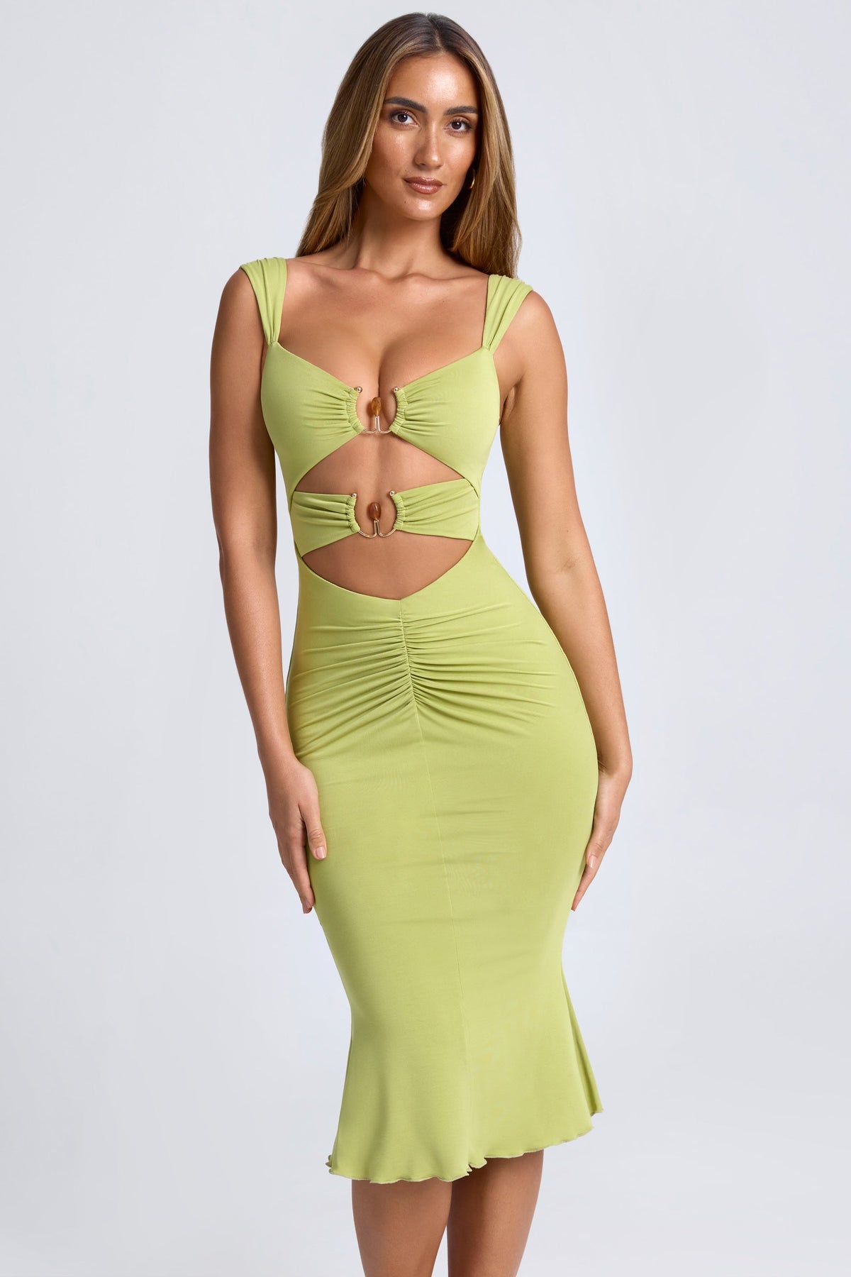 Modal Ruched Hardware Detail Cut-Out Midaxi Dress in Olive Green