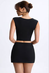 Modal Ruched Cap-Sleeve Top in Black