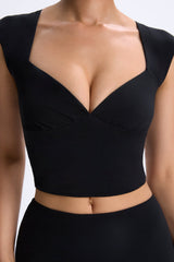 Modal Ruched Cap-Sleeve Top in Black
